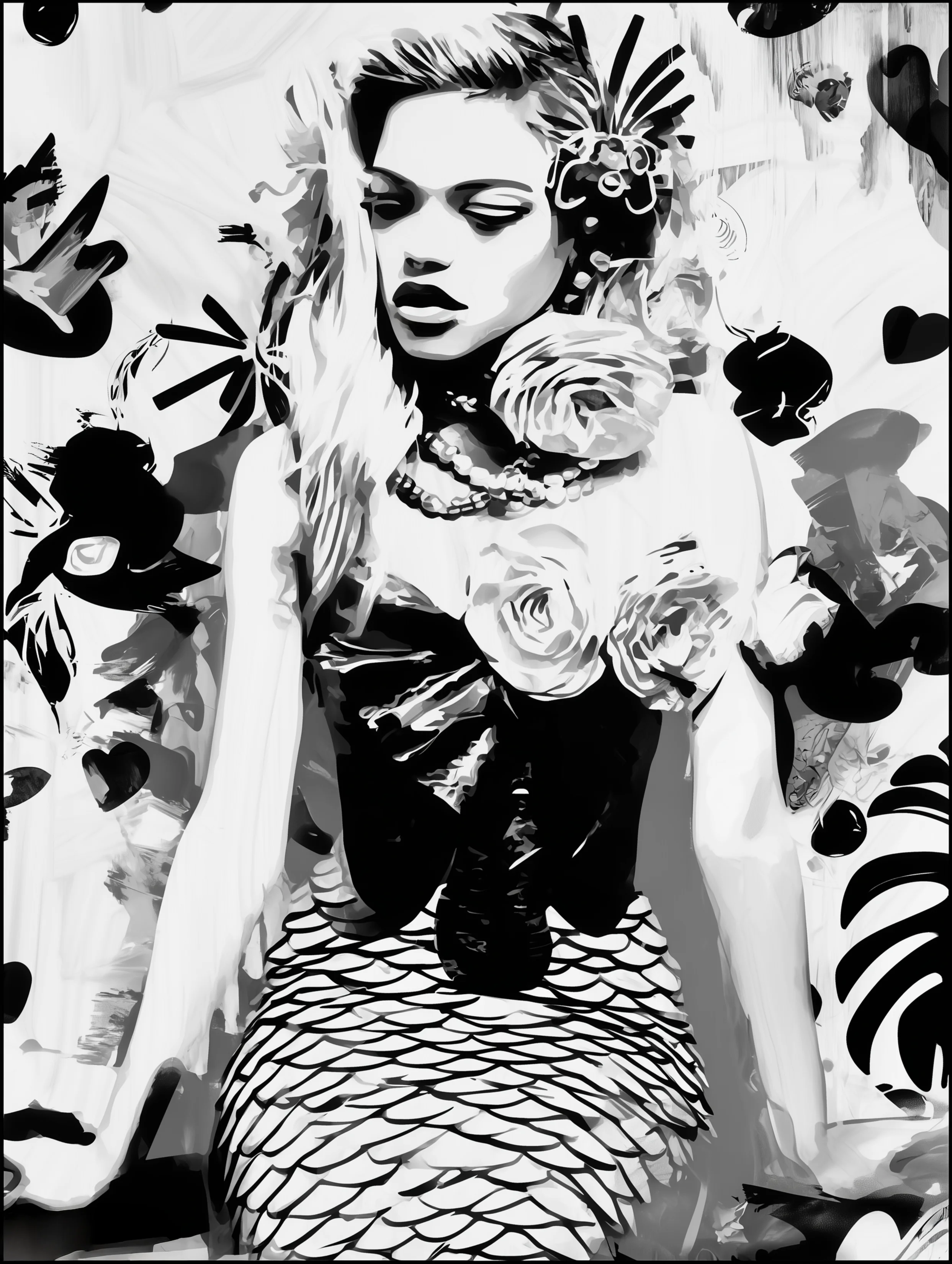 Free printable mermaid coloring page for adults featuring sitting mermaid with flowers